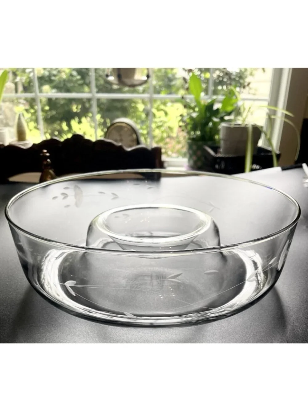 Large Etched Crystal Serving Bowl w Dip Well Veggies Chips Fruit 11.5” Elegant